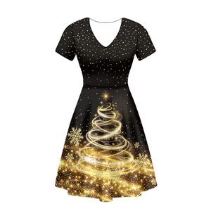 7466 Christmas Tree Flowy Dresses Gold Short Sleeve Tunic Midi Dress